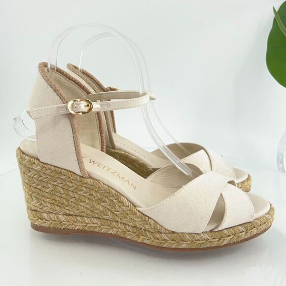 Stuart Weitzman Mirela II Women's Size 9 B Canvas Espadrille Wedge Sandals Ivory - Picture 2 of 15